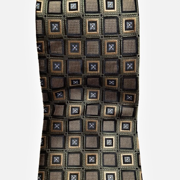 VINTAGE Italian Green & Gold Geometric Woven Silk Tie - Picture 11 of 12